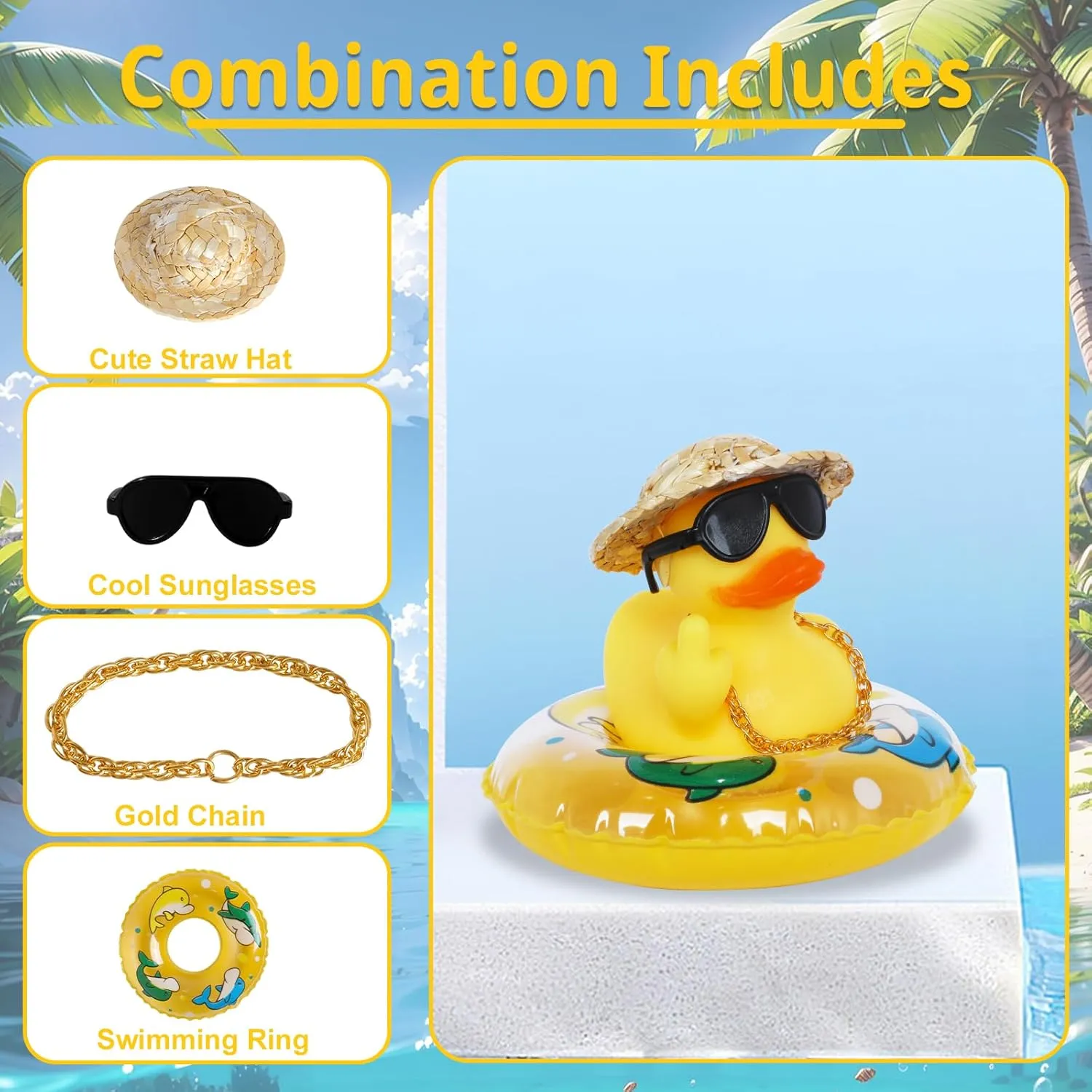 1PCS Summer Middle Finger Rubber Ducks,Jeeps Ducks for Ducking,with Mini Hat,Sunglasses,Necklace,Swimming Ring,Car Dashboard Decoration,Party Favor