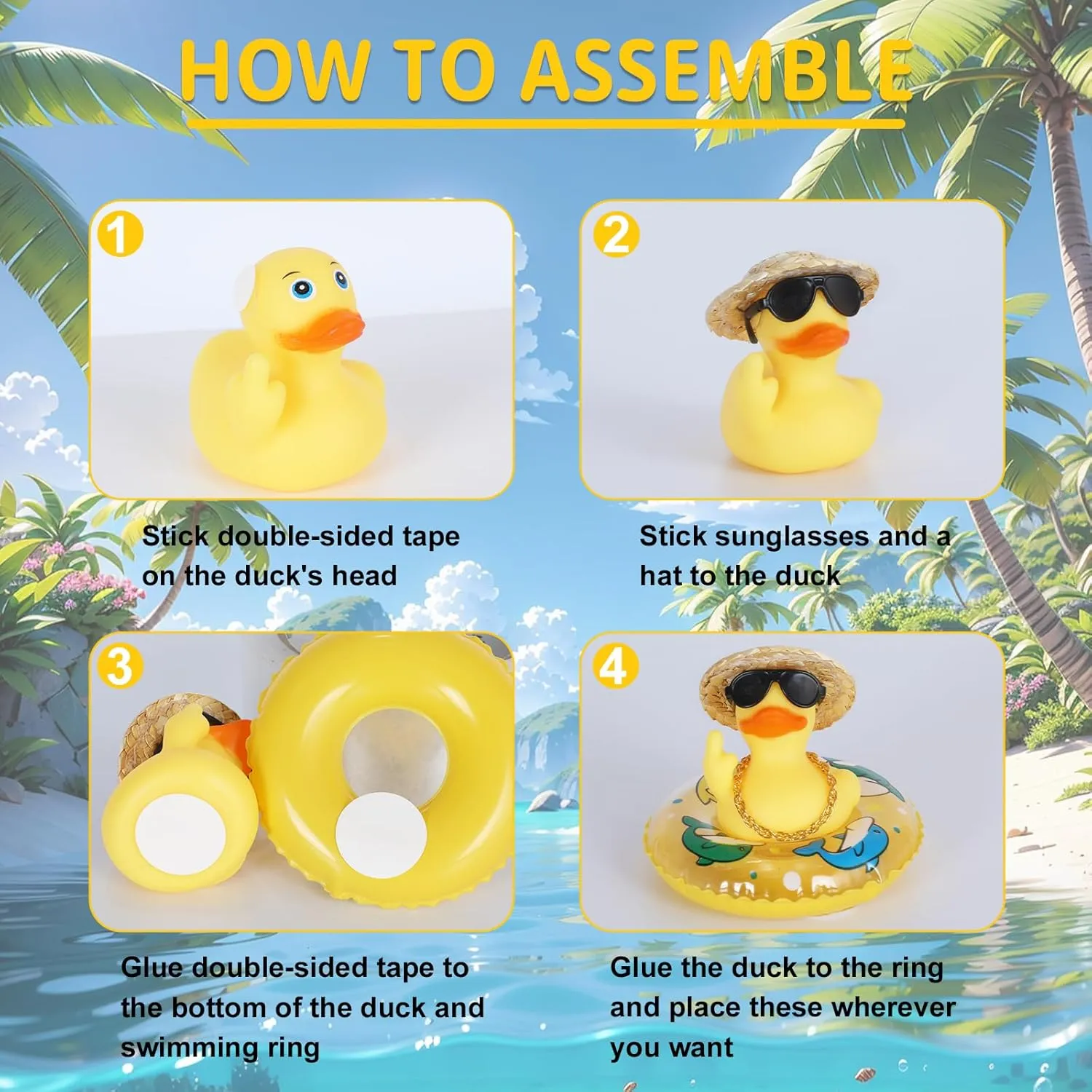 1PCS Summer Middle Finger Rubber Ducks,Jeeps Ducks for Ducking,with Mini Hat,Sunglasses,Necklace,Swimming Ring,Car Dashboard Decoration,Party Favor