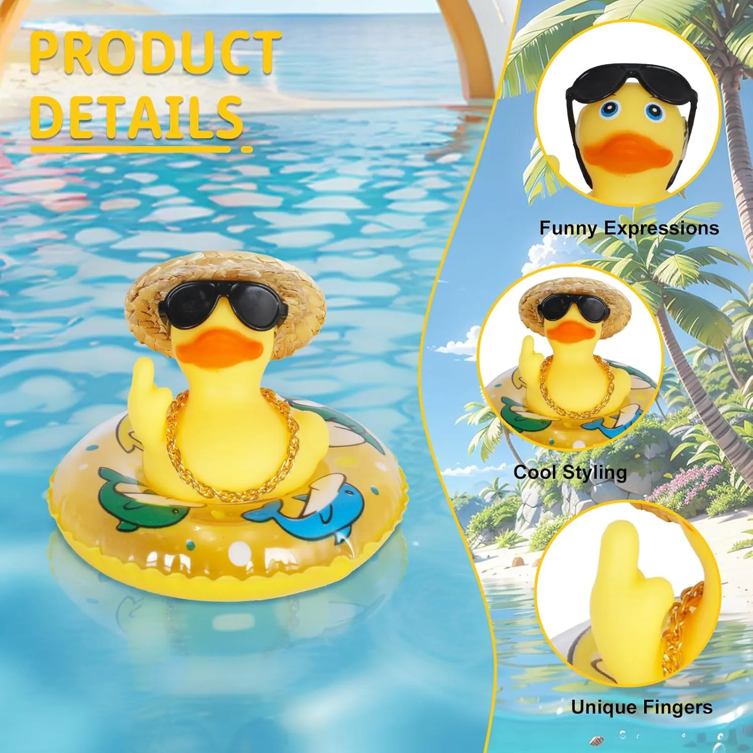 1PCS Summer Middle Finger Rubber Ducks,Jeeps Ducks for Ducking,with Mini Hat,Sunglasses,Necklace,Swimming Ring,Car Dashboard Decoration,Party Favor