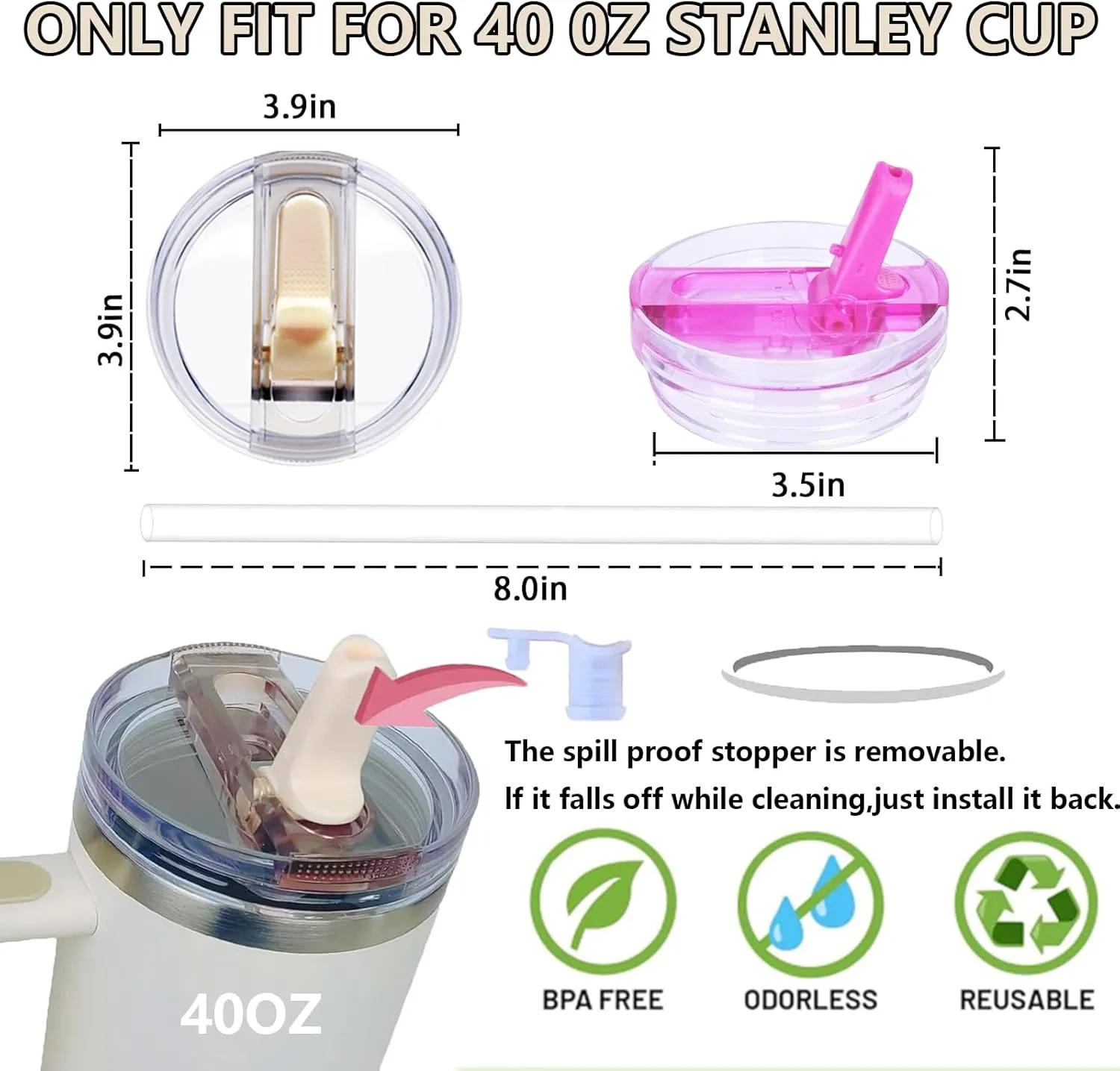 2 Pack 40oz Detachable Flip Straw Leak Proof Lid, Replacement Lid 40 oz apply to Stanley H2.0 Quencher Protou Tumbler (Rose Red&Cream)