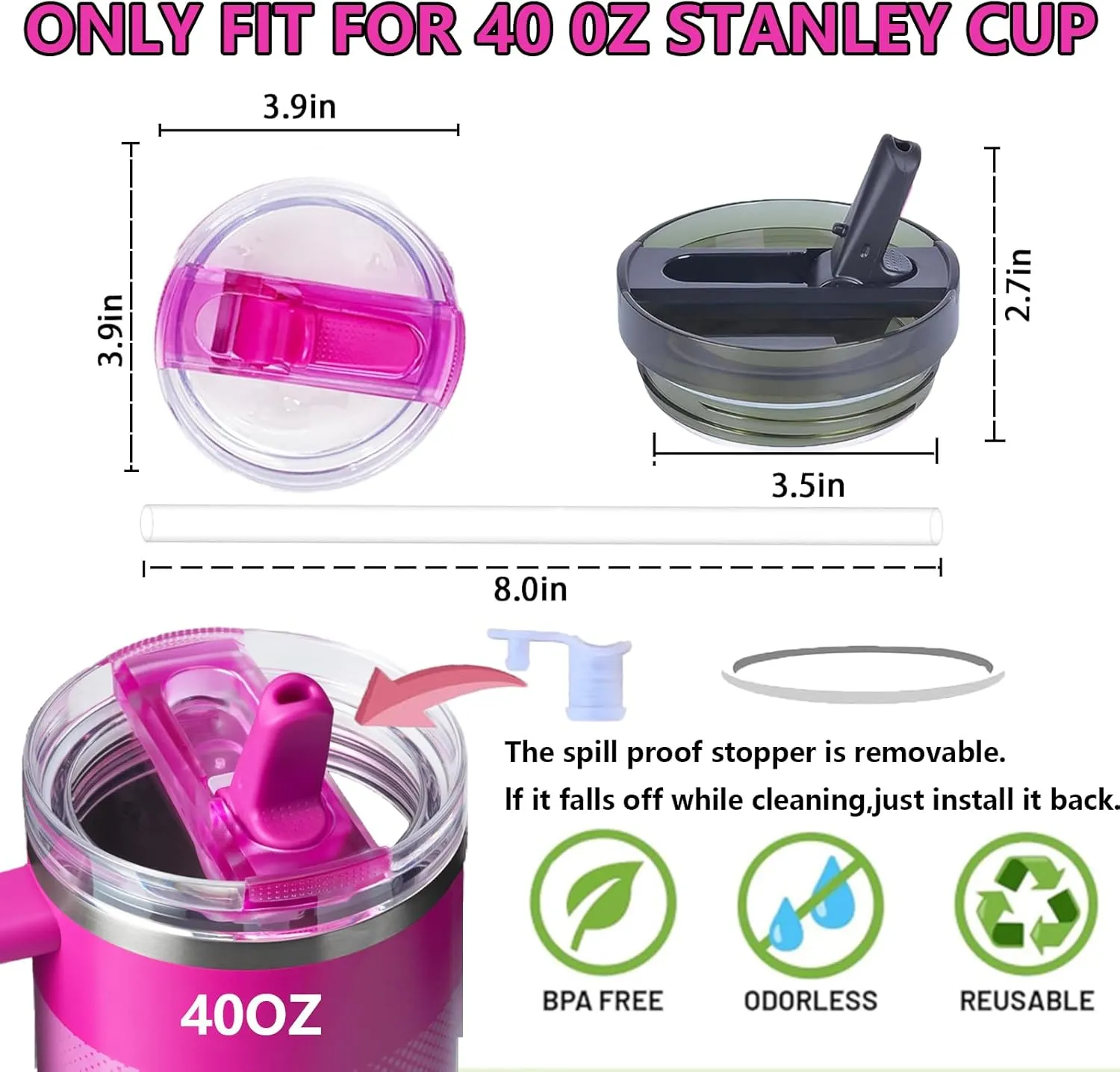 2 Pack 40oz Detachable Flip Straw Leak Proof Lid, Replacement Lid 40 oz apply to Stanley H2.0 Quencher ProTour (Rose Red&Black)