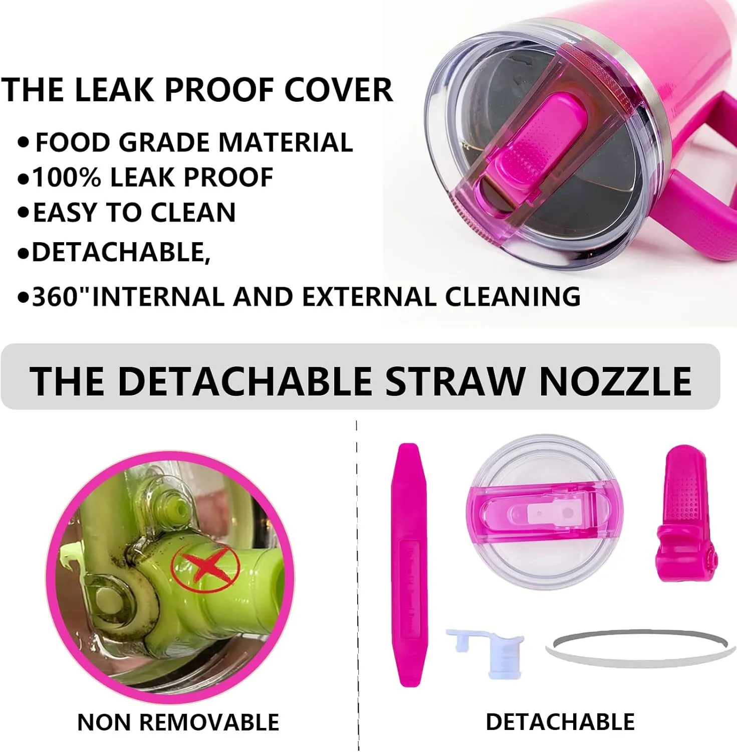 2 Pack 40oz Detachable Flip Straw Leak Proof Lid, Replacement Lid 40 oz apply to Stanley H2.0 Quencher ProTour (Rose Red&Black)