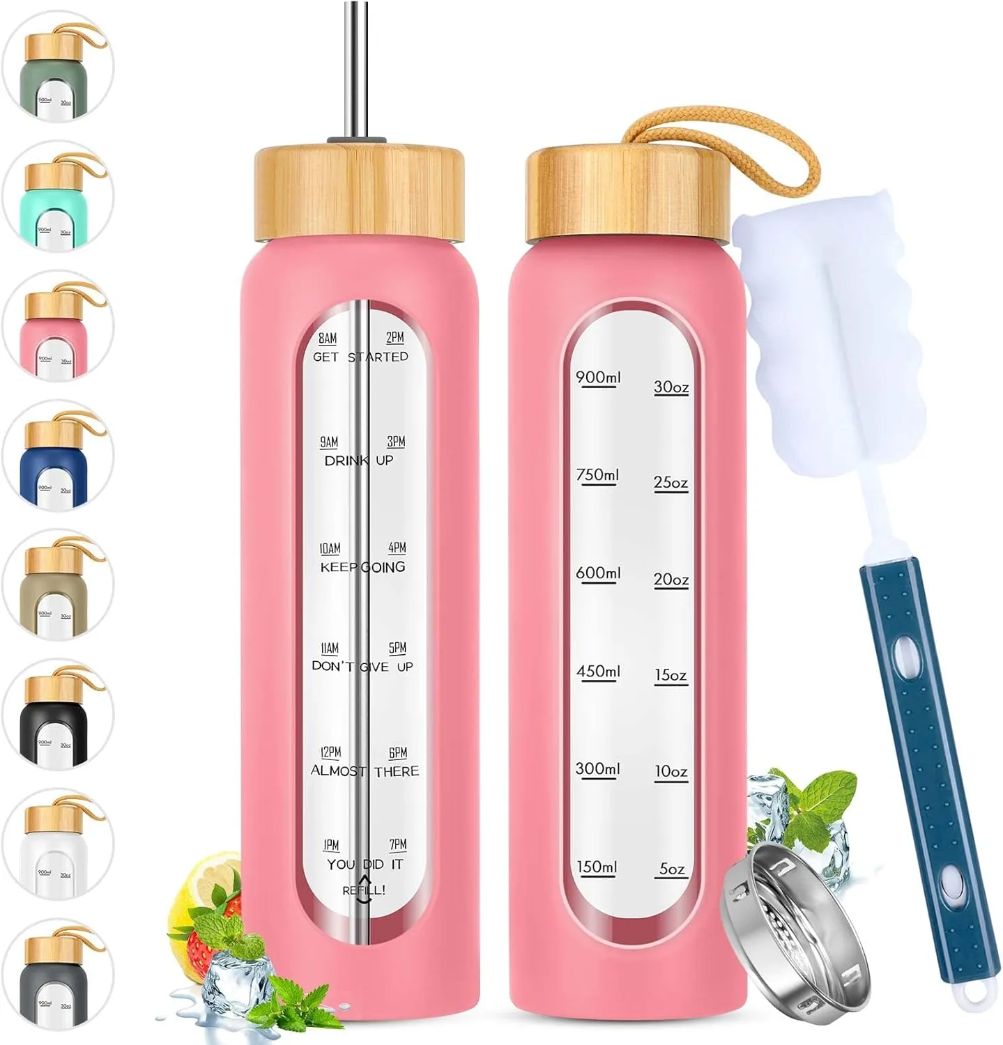 32 oz Glass Water Bottle with Straw - Motivational Time Marker & Silicone Sleeve - Reusable Tumbler Includes 2 Bamboo Lids & Fruit Infuser - 1 Pack