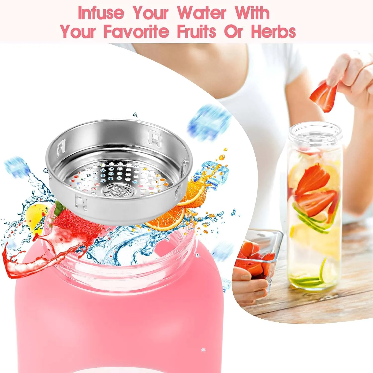 32 oz Glass Water Bottle with Straw - Motivational Time Marker & Silicone Sleeve - Reusable Tumbler Includes 2 Bamboo Lids & Fruit Infuser - 1 Pack