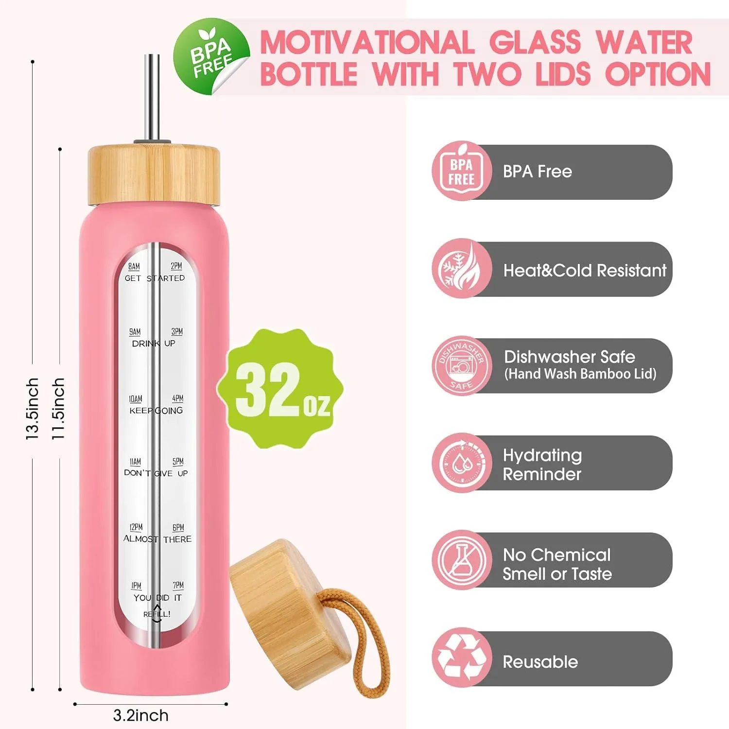 32 oz Glass Water Bottle with Straw - Motivational Time Marker & Silicone Sleeve - Reusable Tumbler Includes 2 Bamboo Lids & Fruit Infuser - 1 Pack
