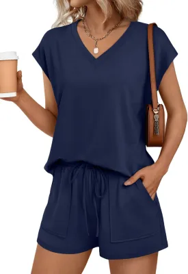 AUTOMET 2 Piece V Neck Cap Sleeve Shirt and Shorts Set Womens Matching Summer Lounge Sets
