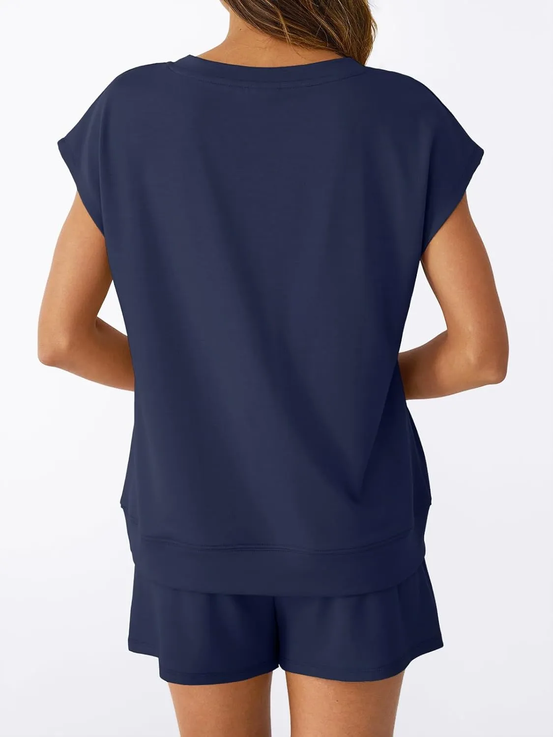 AUTOMET 2 Piece V Neck Cap Sleeve Shirt and Shorts Set Womens Matching Summer Lounge Sets