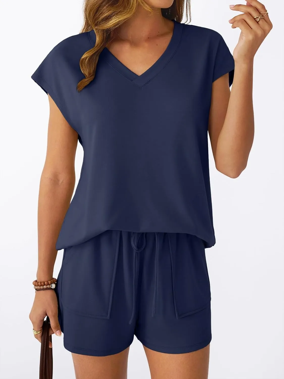 AUTOMET 2 Piece V Neck Cap Sleeve Shirt and Shorts Set Womens Matching Summer Lounge Sets