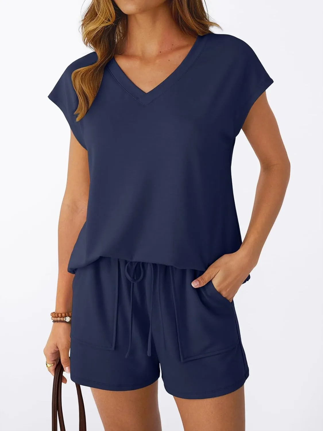 AUTOMET 2 Piece V Neck Cap Sleeve Shirt and Shorts Set Womens Matching Summer Lounge Sets