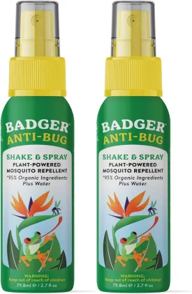 Badger Bug Spray Travel Size, Family Friendly All Natural Mosquito Repellent w/Organic Essential Oils, Smells Great, 3 Hours Effective, Deet-Free, Vegan, Travel Insect Repellent, 2.7 fl oz, 2-Pack