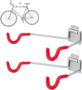 Bike Wall Mount HangersEVA Foam Padded Bicycle Hooks-Flip-Up Garage Bicycle Rack for Mountain, Road, and Kids Bikes Rack Holders 2 Pack Silver, Red