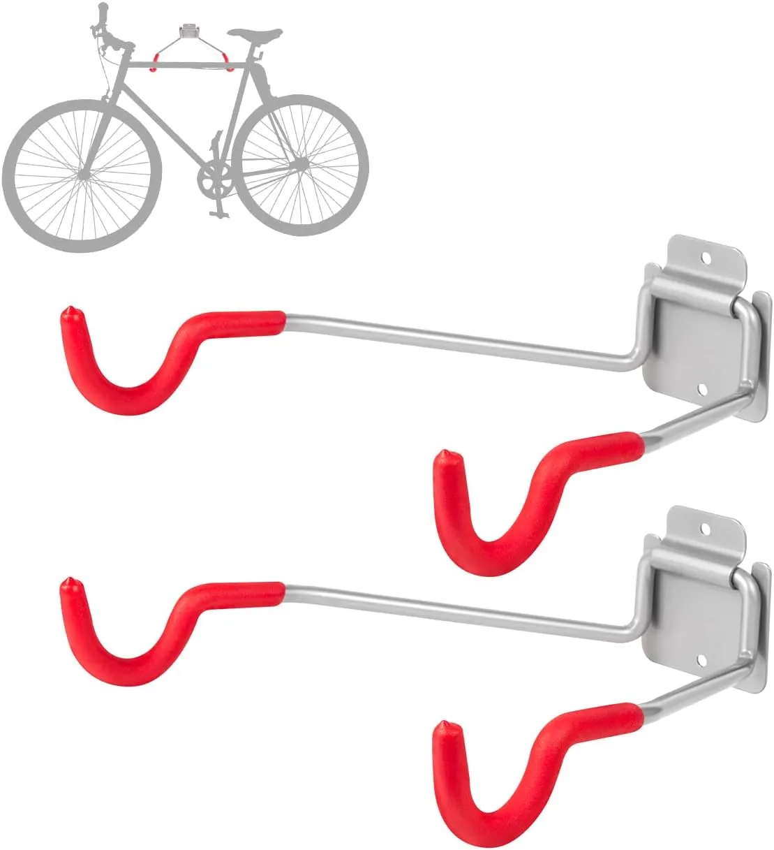 Bike Wall Mount HangersEVA Foam Padded Bicycle Hooks-Flip-Up Garage Bicycle Rack for Mountain, Road, and Kids Bikes Rack Holders 2 Pack Silver, Red
