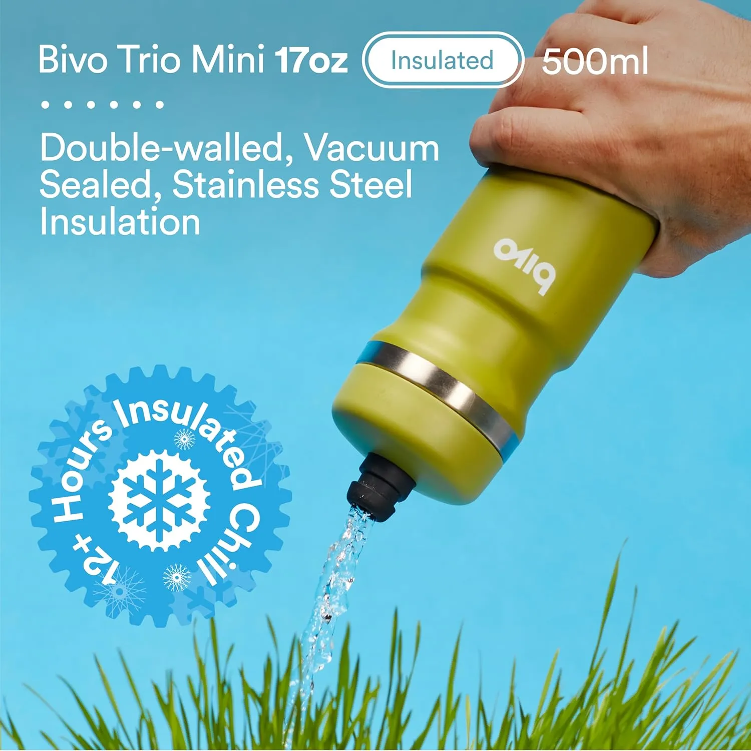 bivo Trio Mini 17oz Insulated Stainless Steel Bike Water Bottle - for Cycling - Compact, Fits Most Cages, Dishwasher Safe, High Flow Sports Nozzle - Keeps Drinks Cold 12  Hours - (Raw)