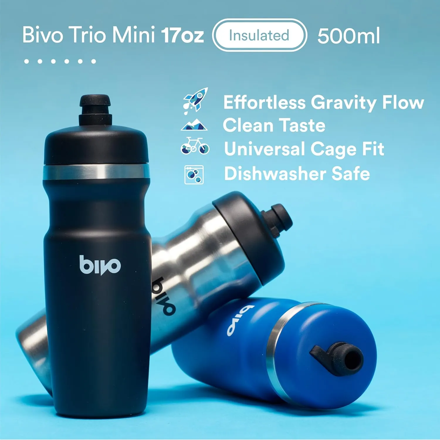 bivo Trio Mini 17oz Insulated Stainless Steel Bike Water Bottle - for Cycling - Compact, Fits Most Cages, Dishwasher Safe, High Flow Sports Nozzle - Keeps Drinks Cold 12  Hours - (Raw)