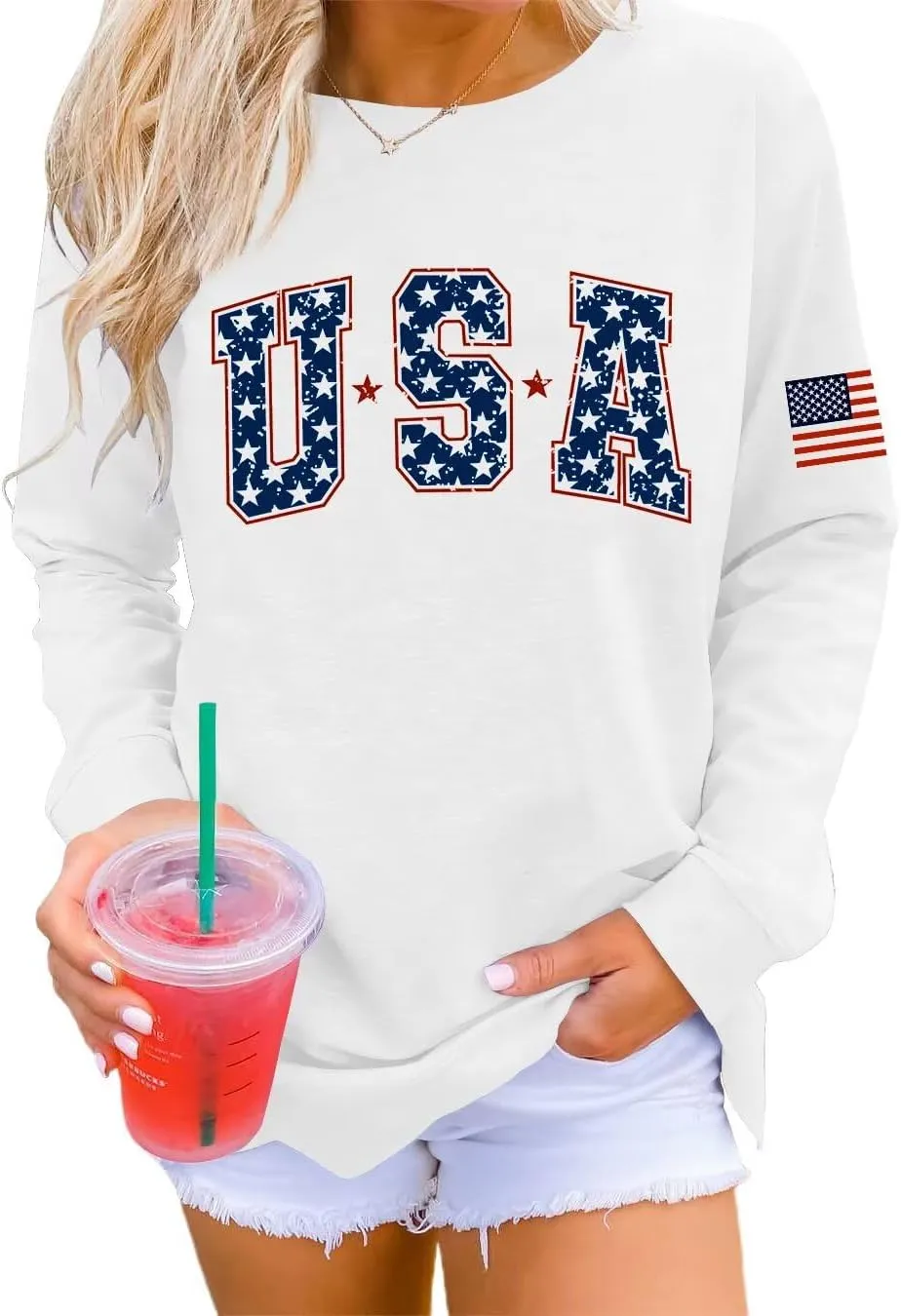 Dressmine Womens Usa Sweatshirt Long Sleeve Graphic 4Th Of July Flag Shirts 2025 Cute Knit Casual Pullover