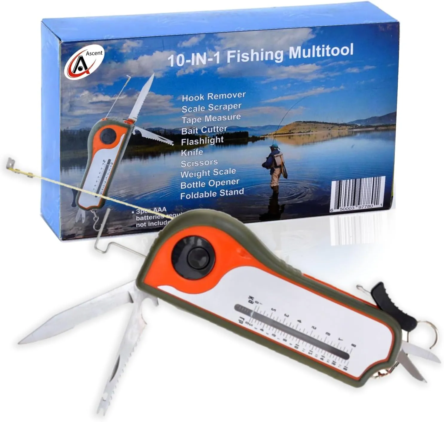 Fisherman Gift Tool Fishing Multitool - Hook Remover, Scale Scraper, Tape Measure, Bait Cutter, Flashlight, Knife, Scissors, Weight Scale, Bottle Opener, Gift Idea For Men Women Kids