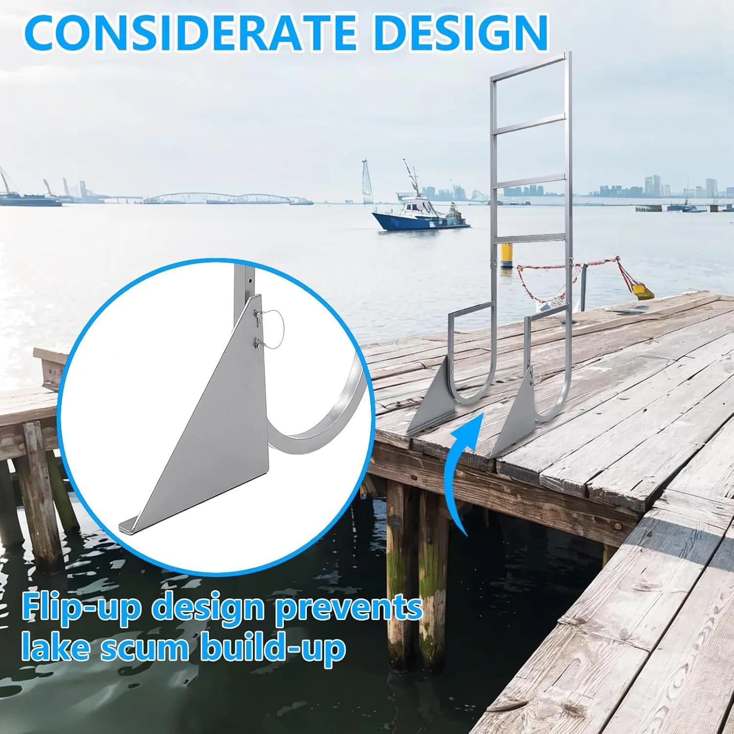 Flip Up Dock Ladder 3/4/5 Steps,Pontoon Boat Ladder with Anti-Corrosion 6063 Aluminum & Upgraded Widen Nonslip,350lbs Marine Pontoon Boat Dock for Lake/Pool/Boarding/RV.Straight Ladder (3-Steps)