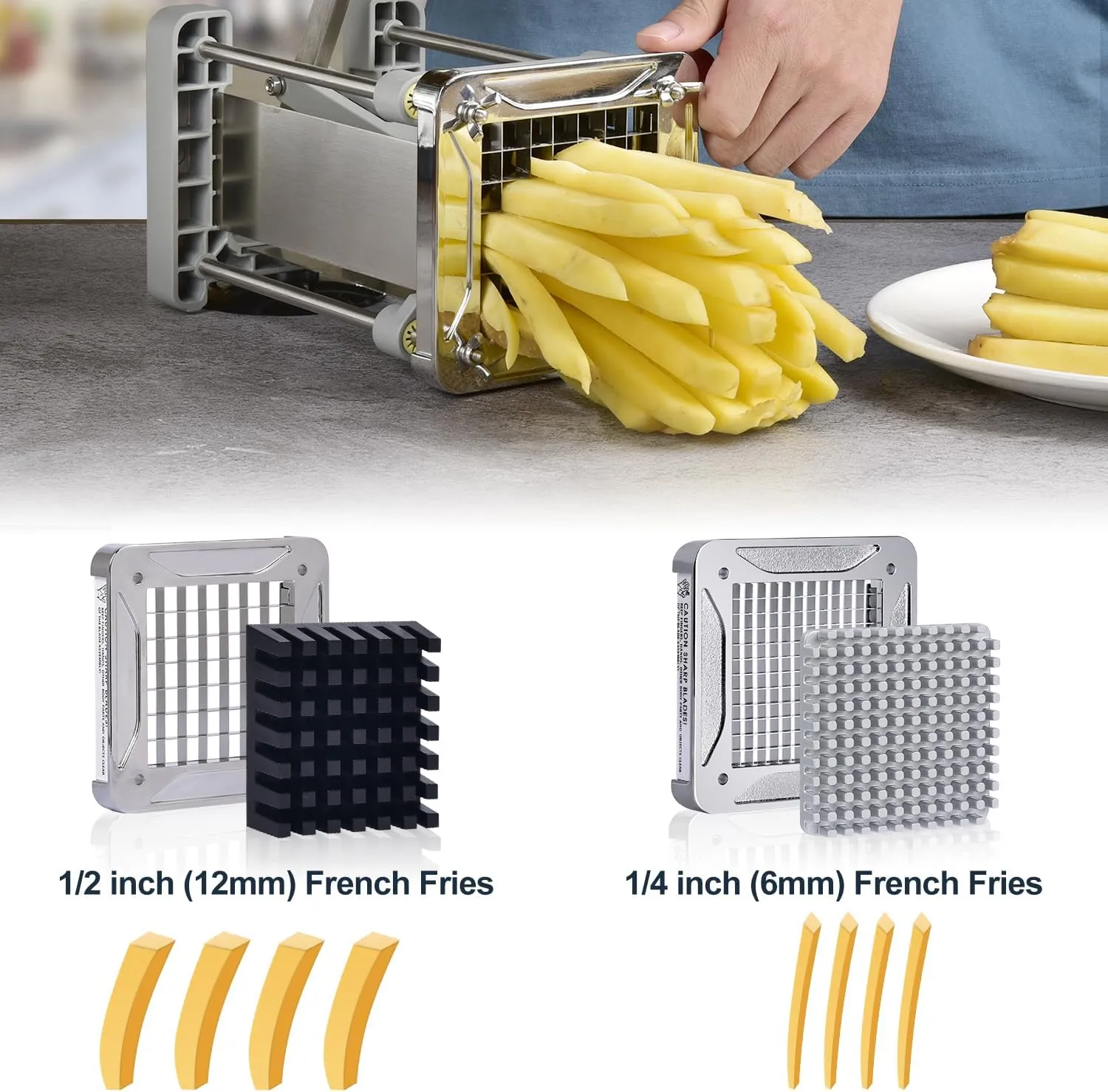 French Fry Cutter, Sopito Professional Potato Cutter Stainless Steel with 1/2-Inch and 1/4-Inch Blade Great for Potatoes Carrots Cucumbers