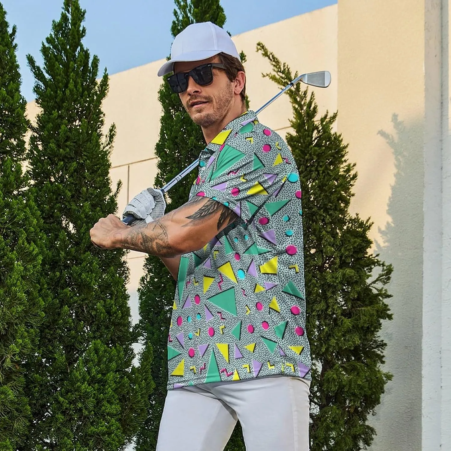 Golf Shirts for Men Printed Quick Dry Short Sleeve Performance Polo Shirts Moisture Wicking Collared Tennis T-Shirt