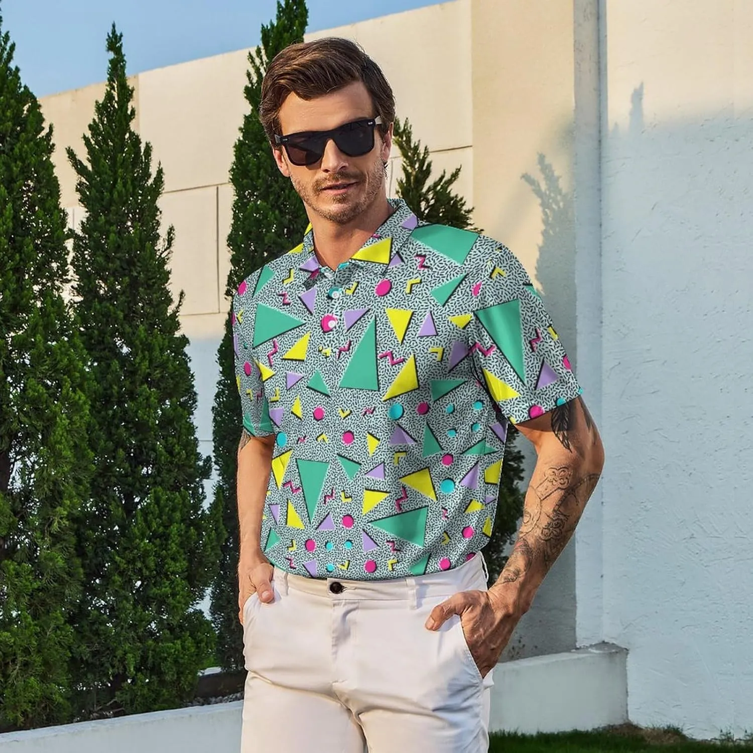 Golf Shirts for Men Printed Quick Dry Short Sleeve Performance Polo Shirts Moisture Wicking Collared Tennis T-Shirt