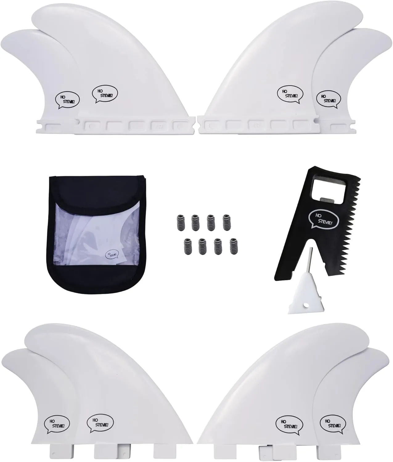 Ho Stevie! FRP Quad (4) Surfboard Fins - Speed and Drive - Stronger Than Regular Nylon Fins - Includes Fin Bag, Screws, Wax Comb and Fin Key