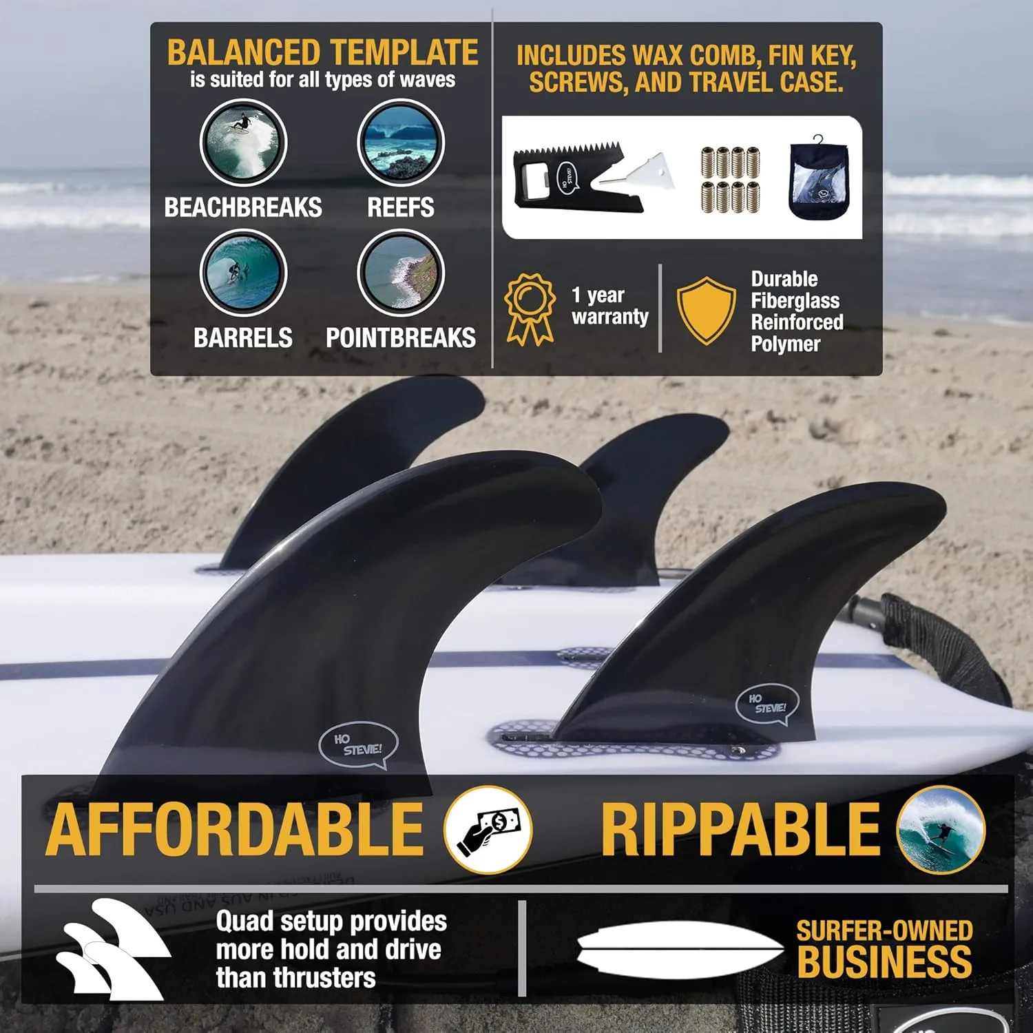 Ho Stevie! FRP Quad (4) Surfboard Fins - Speed and Drive - Stronger Than Regular Nylon Fins - Includes Fin Bag, Screws, Wax Comb and Fin Key