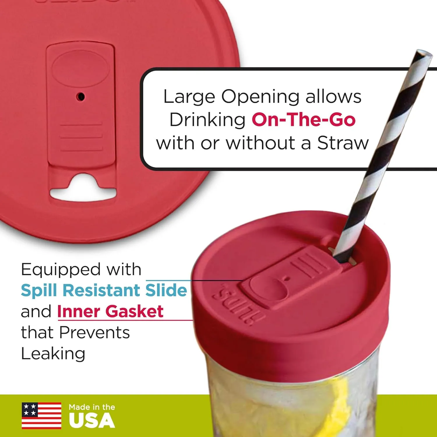 Mason Jar Drink Lid, Wide Mouth, Coral, 2-Pack