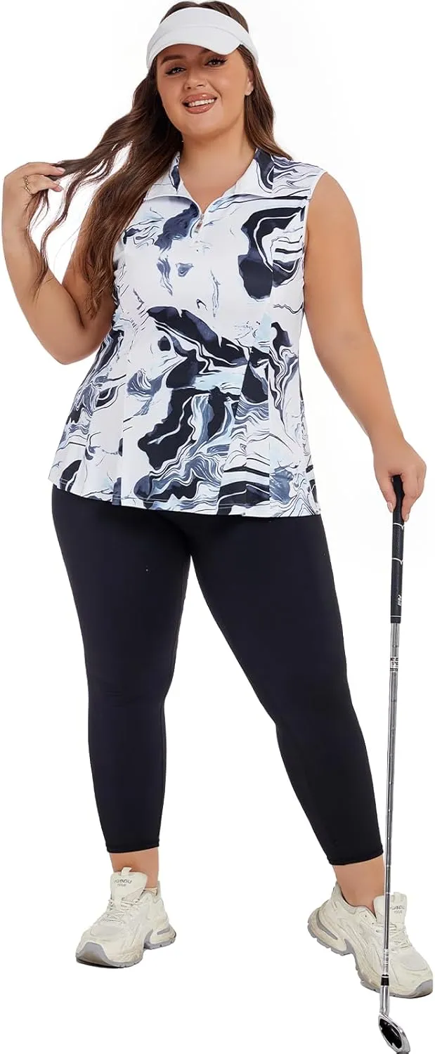 Plus Size Golf Polo Shirts for Women 1/4 Zip Up Quick Dry Sleeveless Workout Tank Tops XL-5XL