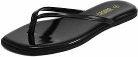 Rihero Flip Flops for Women Comfortable Square Toe Beach Sandals Slip On Leather Thong Flat Sandals Dressy