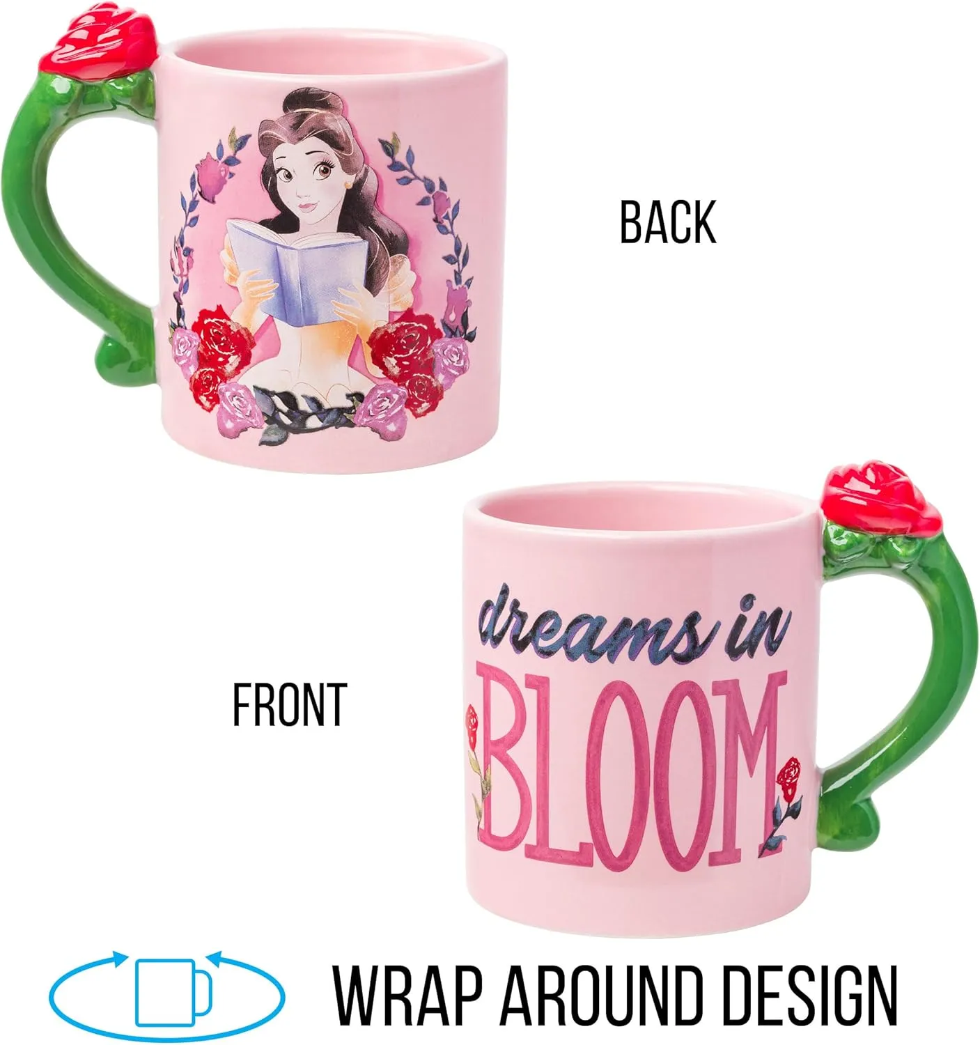 Silver Buffalo Disney Belle Dreams in Bloom Roses Shaped Handle Ceramic Mug, 20 Ounces