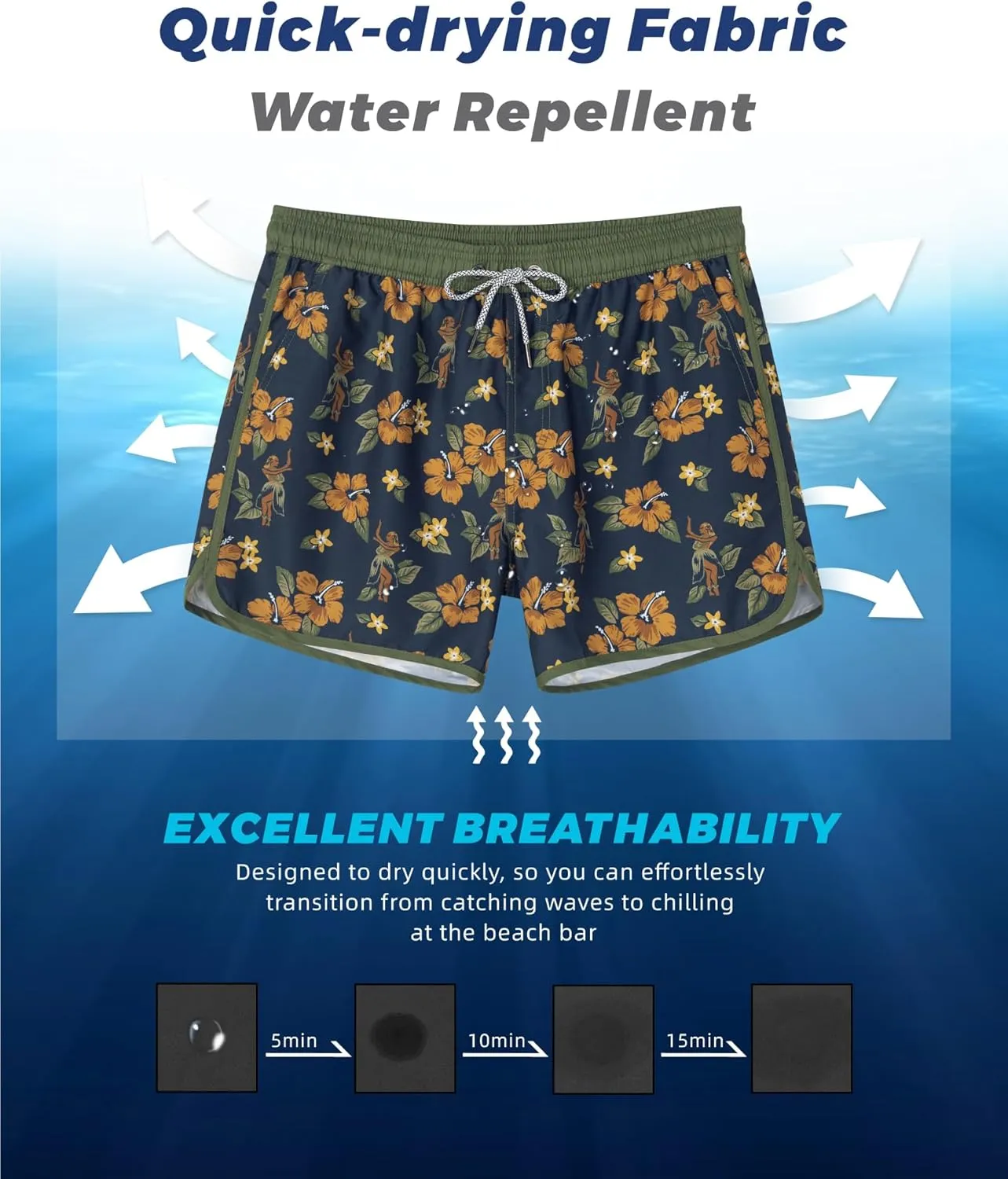 SURF CUZ Mens Swim Trunks 5" Swim Shorts Vintage Bathing Suits with Mesh Lining 80s 90s Retro Swimwear Board Shorts