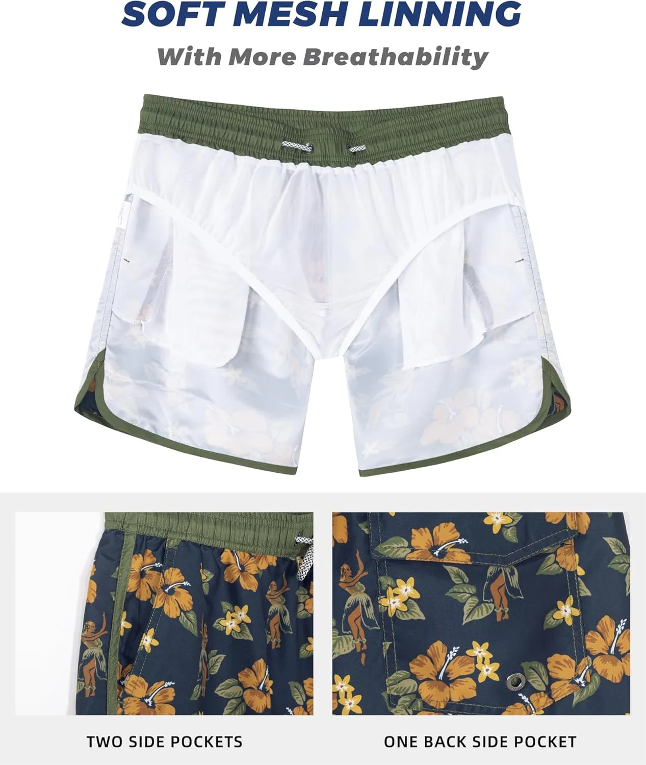 SURF CUZ Mens Swim Trunks 5" Swim Shorts Vintage Bathing Suits with Mesh Lining 80s 90s Retro Swimwear Board Shorts