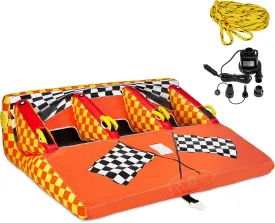Towable Water Tube | 2 & 3 Person Inflatable Floating Raft for Boating with Cushion Seats, Grip Handles, Dual Tow Points & Speed Safety Valve For Fast Inflation | 12V Air Pump & Tow Rope Included