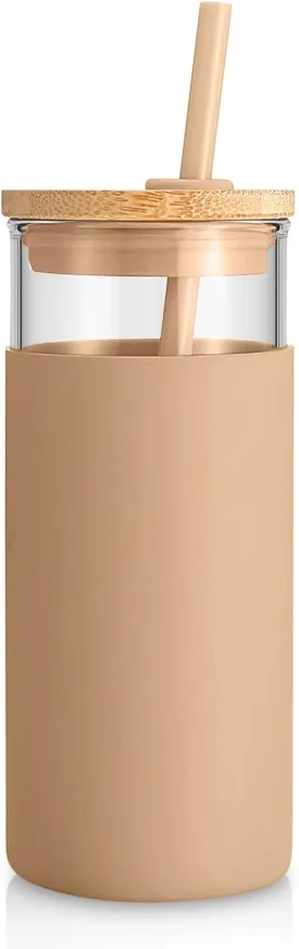 Tronco 20 oz Glass Tumbler with Lid & Straw - Iced Coffee Cup & Smoothie Cup With Silicone Sleeve | BPA-Free, Dishwasher Safe | Reusable Glass Cups with Bamboo Lids and Straws (Amber, 1 Count)