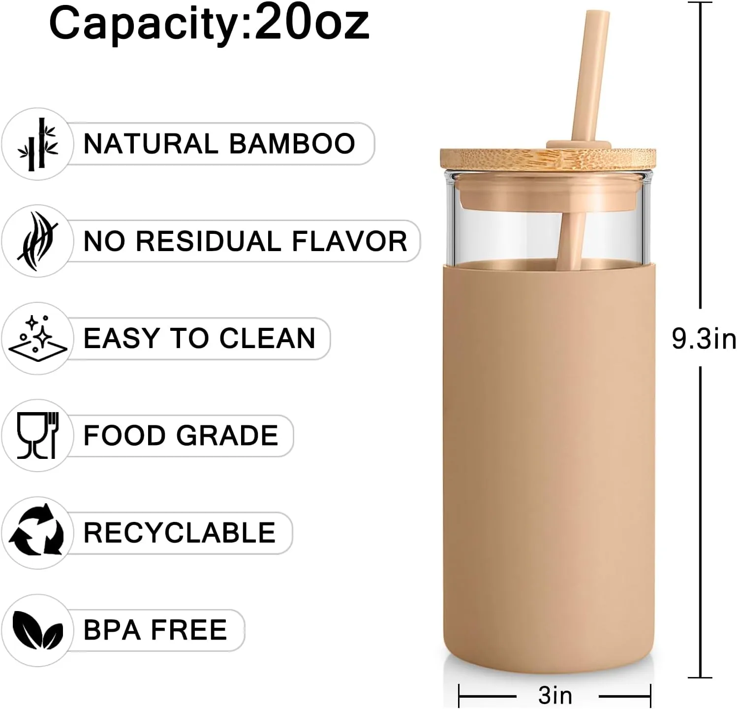 Tronco 20 oz Glass Tumbler with Lid and Straw, Reusable Iced Coffee Cup with Silicone Sleeve & Bamboo Lid, Smoothie Cup for Home, Office, for Father Men Day Gift from Wife Daughter Son (Black)