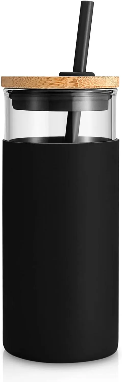 Tronco 20 oz Glass Tumbler with Lid and Straw, Reusable Iced Coffee Cup with Silicone Sleeve & Bamboo Lid, Smoothie Cup for Home, Office, for Father Men Day Gift from Wife Daughter Son (Black)