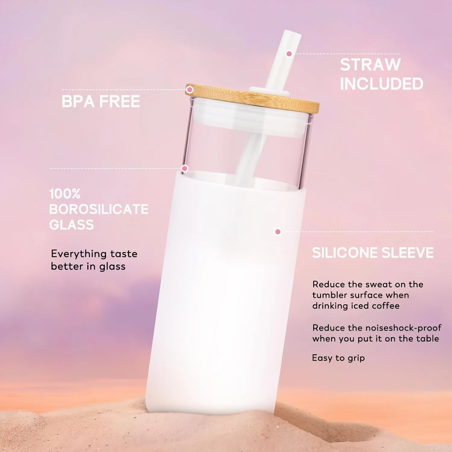 Tronco 20 oz Glass Tumbler with Lid and Straw, Reusable Iced Coffee Cup with Silicone Sleeve & Bamboo Lid, Smoothie Cup for Home, Office, for Father Men Day Gift from Wife Daughter Son (Black)