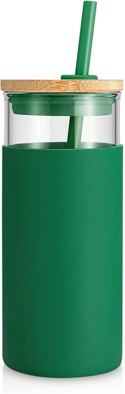 Tronco 20 oz Glass Tumbler with Lid and Straw, Reusable Iced Coffee Cup with Silicone Sleeve & Bamboo Lid, Smoothie Cup for Home,Office, for Father Men Day Gift from Wife Daughter Son (Blackish Green)