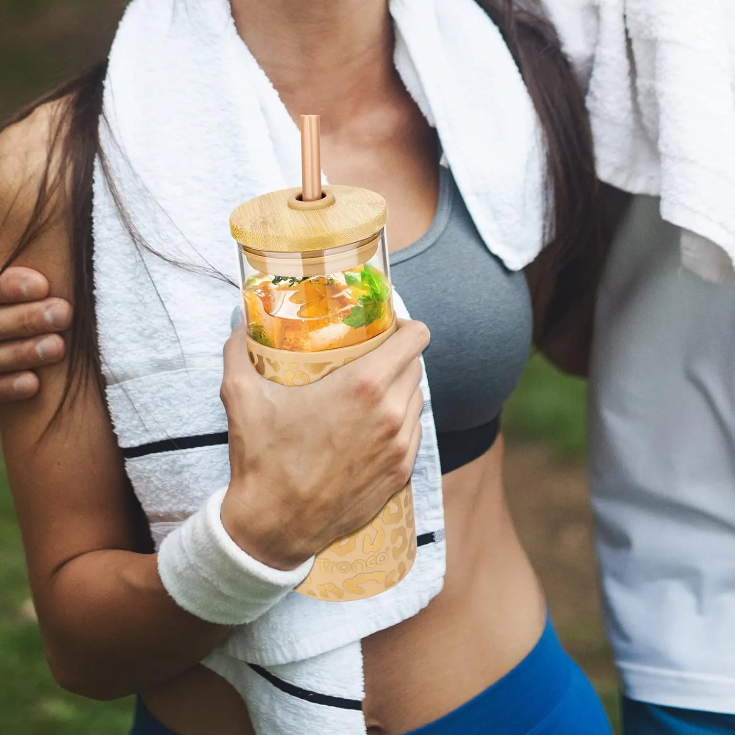 Tronco 20 oz Glass Tumbler with Straw and Lid- Glass Cup with Lid and Straw, Iced Coffee Cup Reusable, Smoothie Cups, Bamboo Lid and Protective Silicone Sleeve - BPA-Free