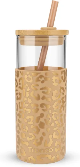 Tronco 20 oz Glass Tumbler with Straw and Lid- Glass Cup with Lid and Straw, Iced Coffee Cup Reusable, Smoothie Cups, Bamboo Lid and Protective Silicone Sleeve - BPA-Free