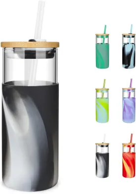 Tronco 20 oz Glass Tumbler with Straw and Lid- Glass Cup with Lid and Straw, Iced Coffee Cup Reusable, Smoothie Cups, Bamboo Lid and Protective Silicone Sleeve - BPA-Free
