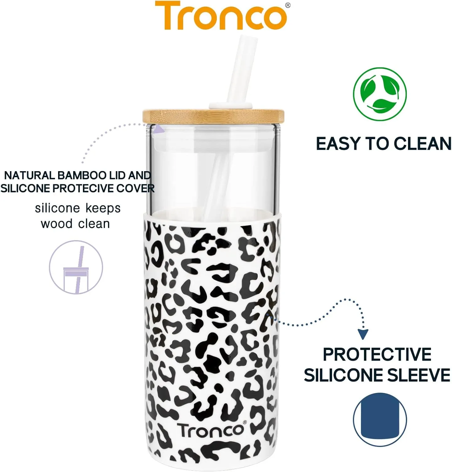 Tronco 20 oz Glass Tumbler with Straw and Lid- Glass Cup with Lid and Straw, Iced Coffee Cup Reusable, Smoothie Cups, Bamboo Lid and Protective Silicone Sleeve - BPA-Free