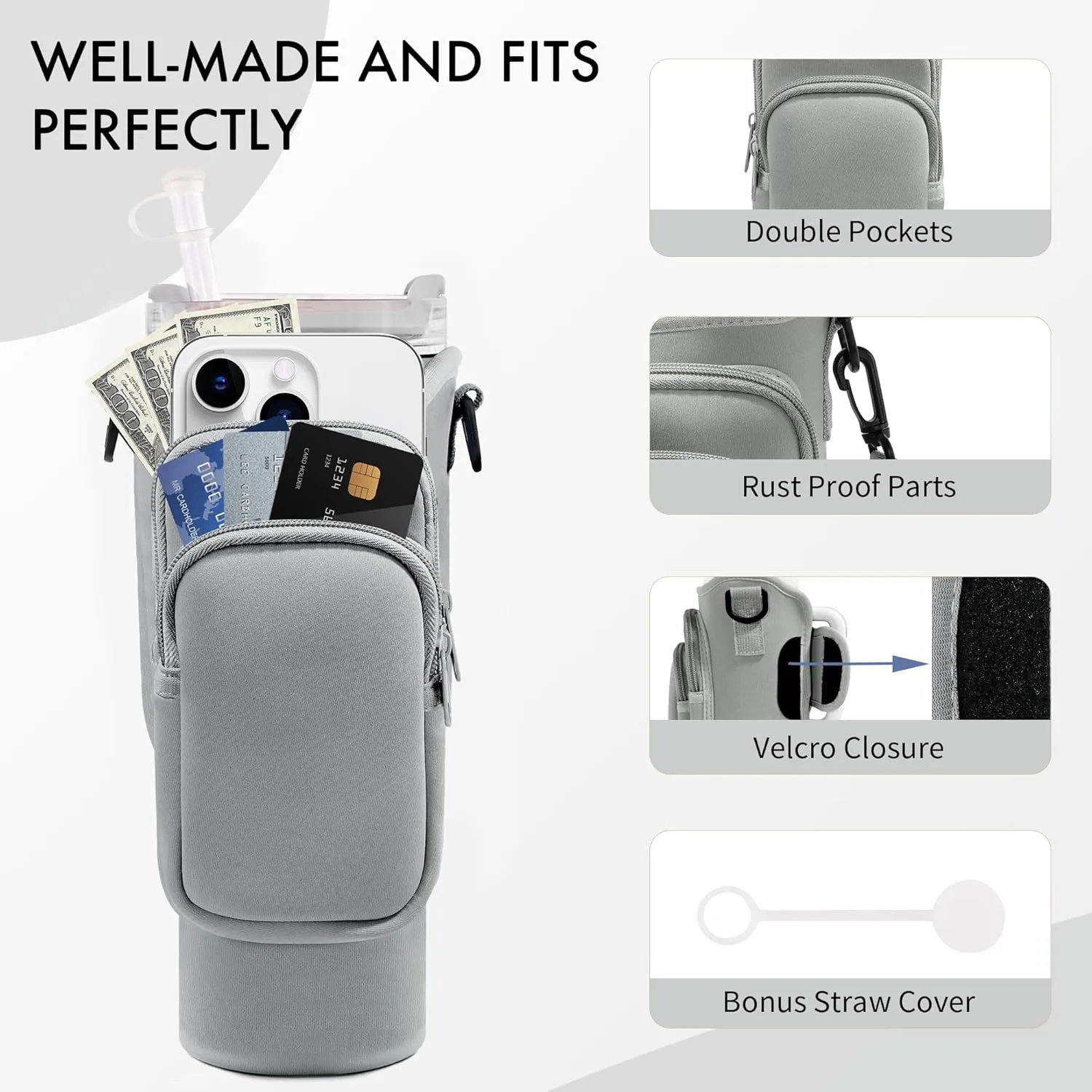 Water Bottle Carrier Bag with Phone Pocket for Stanley Cup 40/30 oz, Water Bottle Holder with Adjustable Strap& Straw Cover, Stanley Cup Accessories