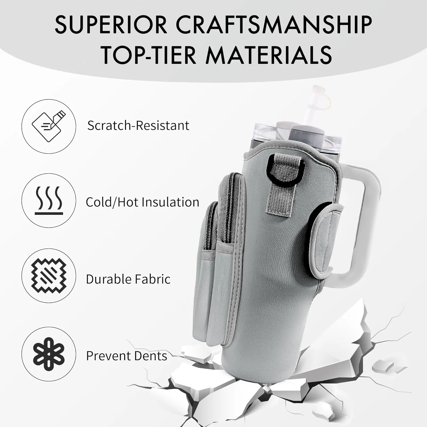 Water Bottle Carrier Bag with Phone Pocket for Stanley Cup 40/30 oz, Water Bottle Holder with Adjustable Strap& Straw Cover, Stanley Cup Accessories