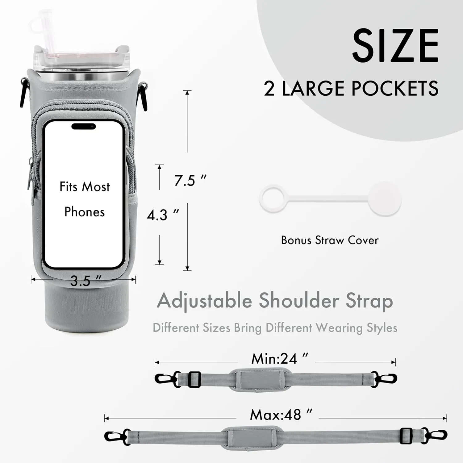 Water Bottle Carrier Bag with Phone Pocket for Stanley Cup 40/30 oz, Water Bottle Holder with Adjustable Strap& Straw Cover, Stanley Cup Accessories