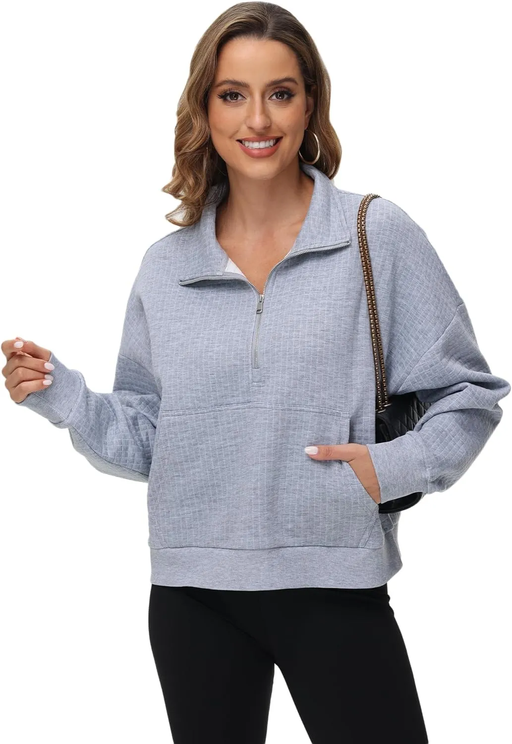 YuKaiChen Womens Sweatshirts Half Zip Cropped Quarter Zipper Hoodies Waffle Pullover Tops with Pocket