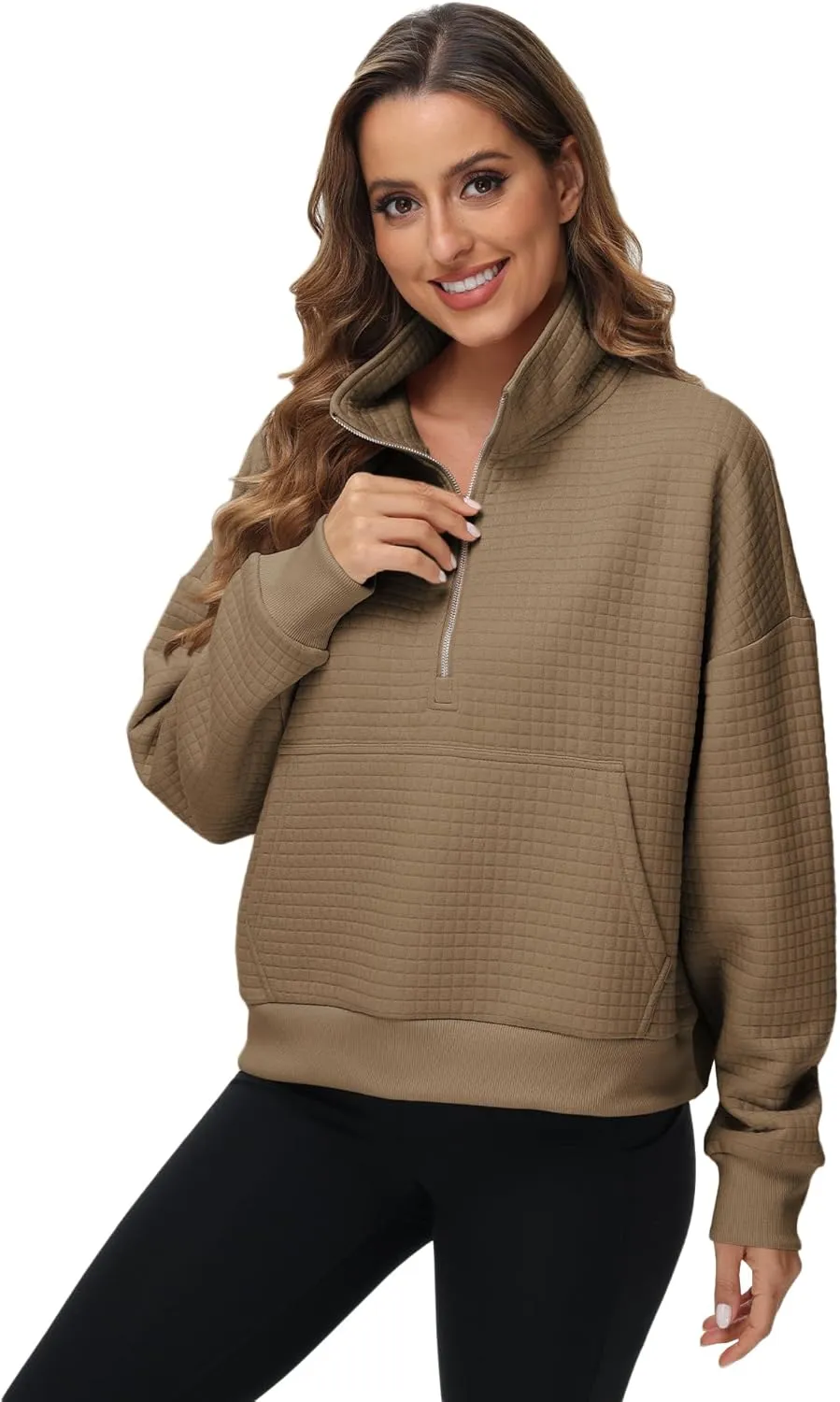 YuKaiChen Womens Sweatshirts Half Zip Cropped Quarter Zipper Hoodies Waffle Pullover Tops with Pocket