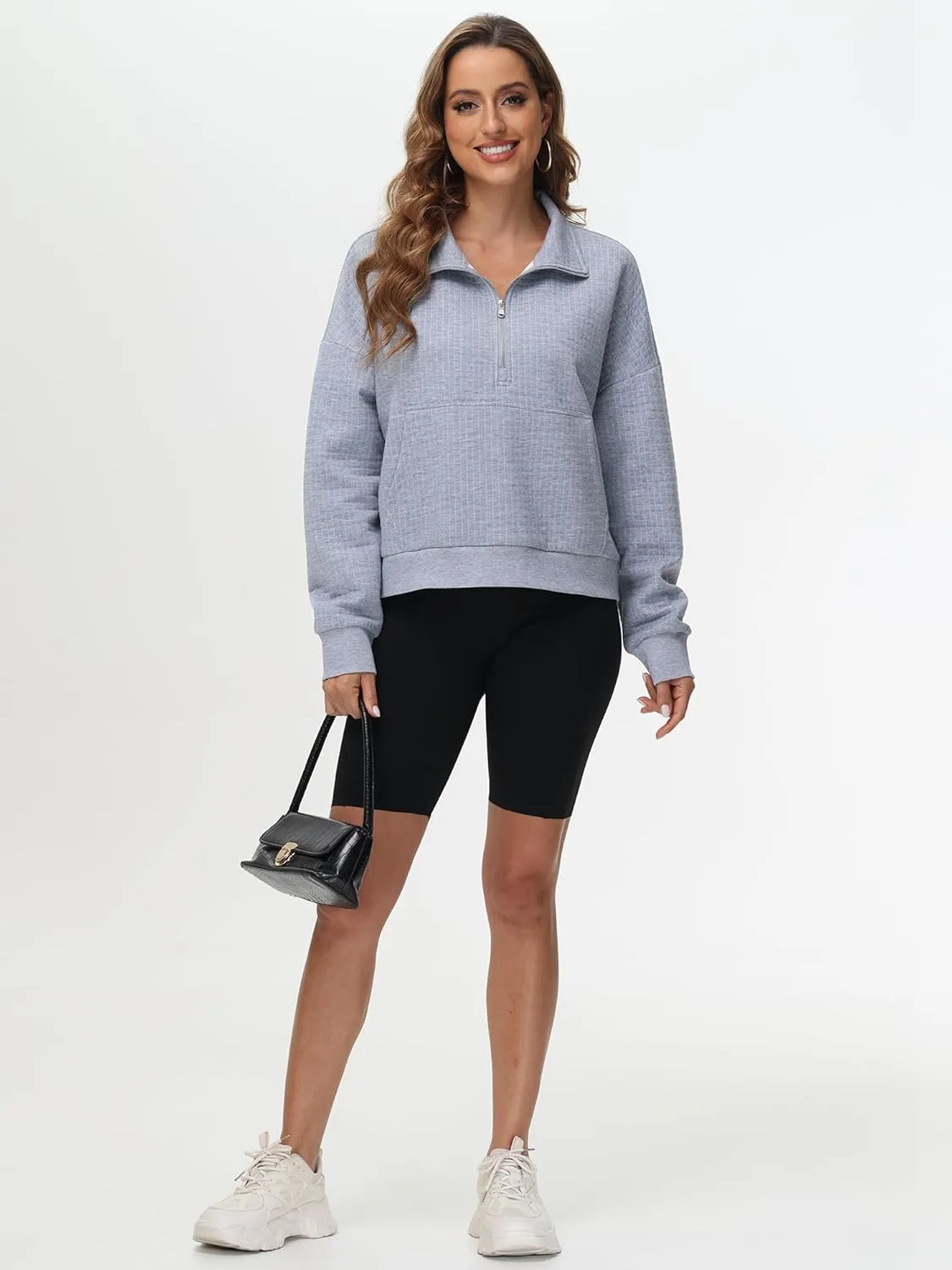 YuKaiChen Womens Sweatshirts Half Zip Cropped Quarter Zipper Hoodies Waffle Pullover Tops with Pocket