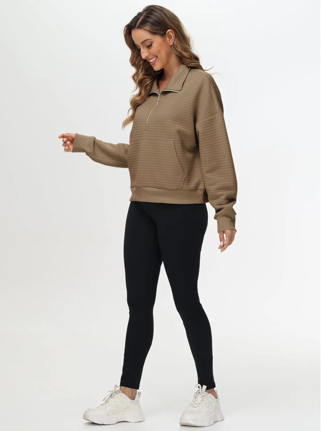 YuKaiChen Womens Sweatshirts Half Zip Cropped Quarter Zipper Hoodies Waffle Pullover Tops with Pocket