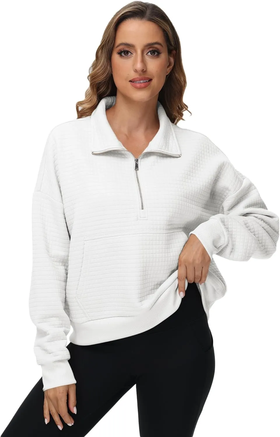 YuKaiChen Womens Sweatshirts Half Zip Cropped Quarter Zipper Hoodies Waffle Pullover Tops with Pocket